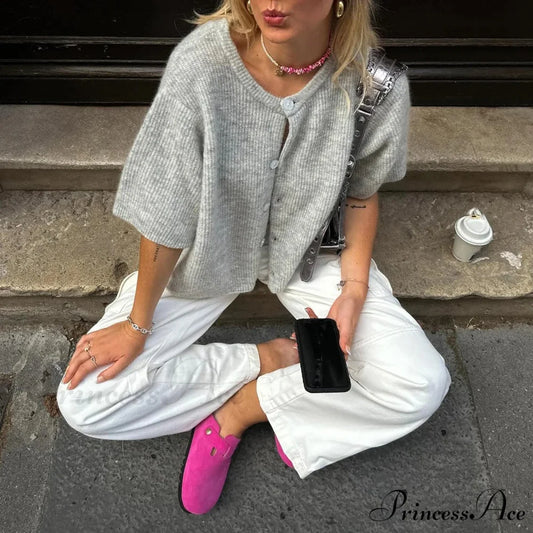 Monochrome Short Sleeve Button Cardigan GRAY / S cardigans-241228