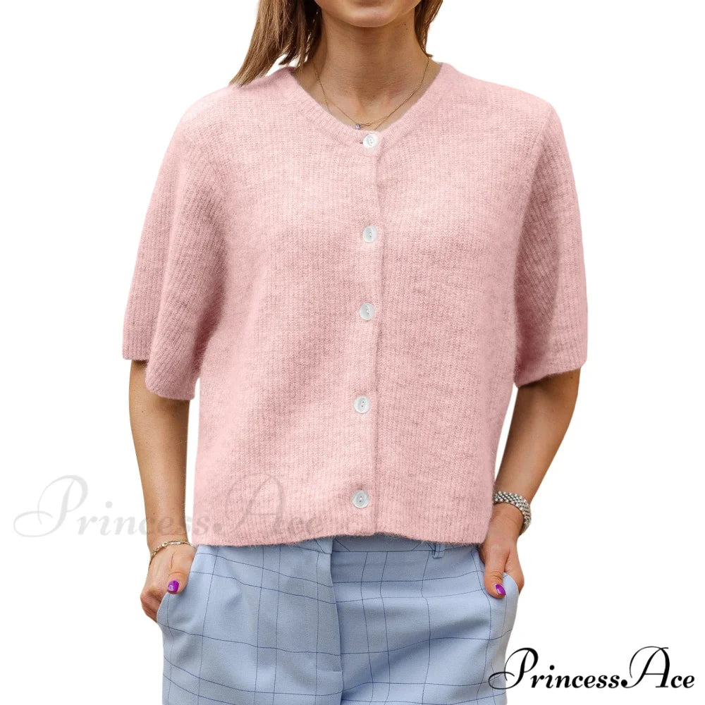 Monochrome Short Sleeve Button Cardigan Pink / S cardigans-241228