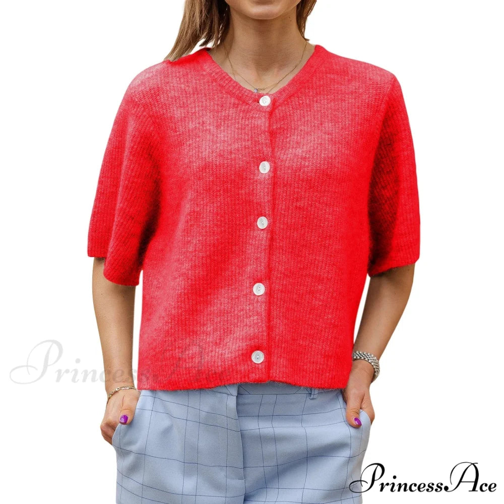 Monochrome Short Sleeve Button Cardigan Red / S cardigans-241228
