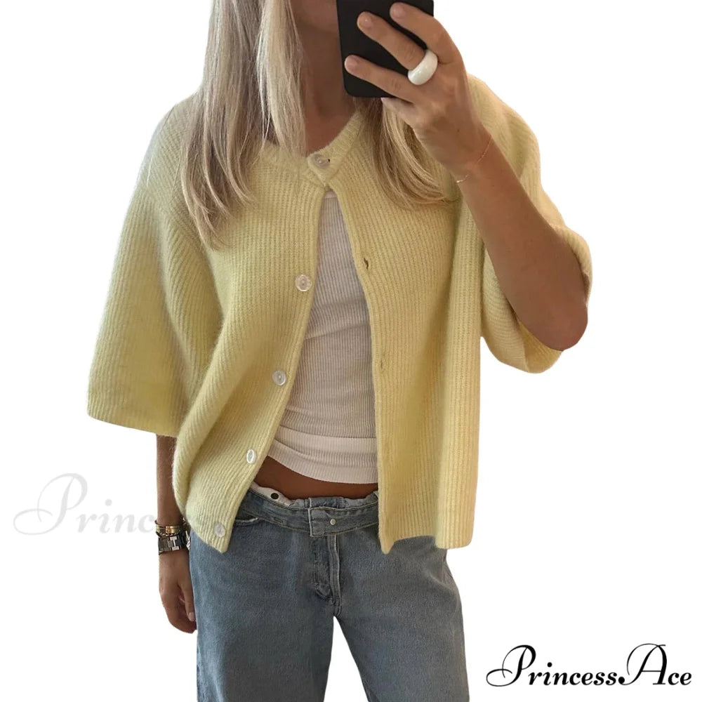 Monochrome Short Sleeve Button Cardigan Yellow / S cardigans-241228