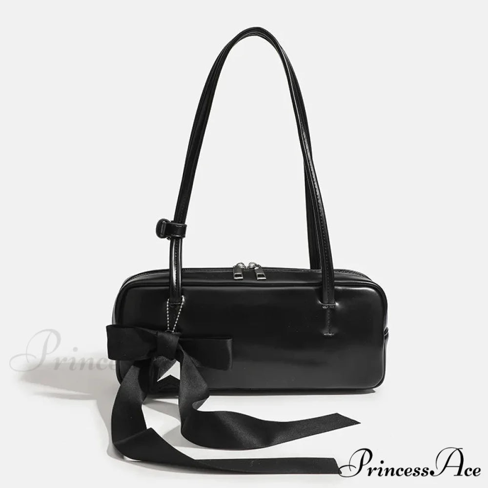 Monochrome Zipper Shoulder Bag for Women Black with bow shoulder-250126