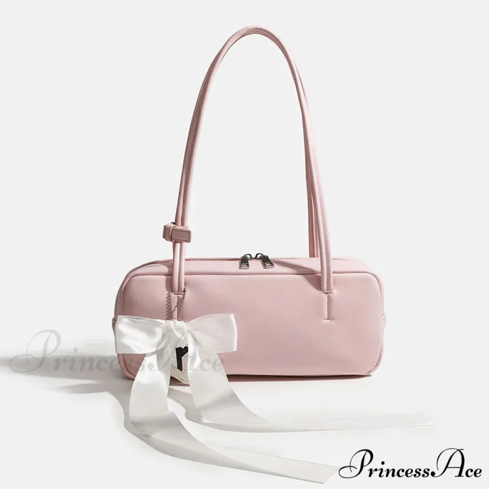 Monochrome Zipper Shoulder Bag for Women Pink with bow shoulder-250126