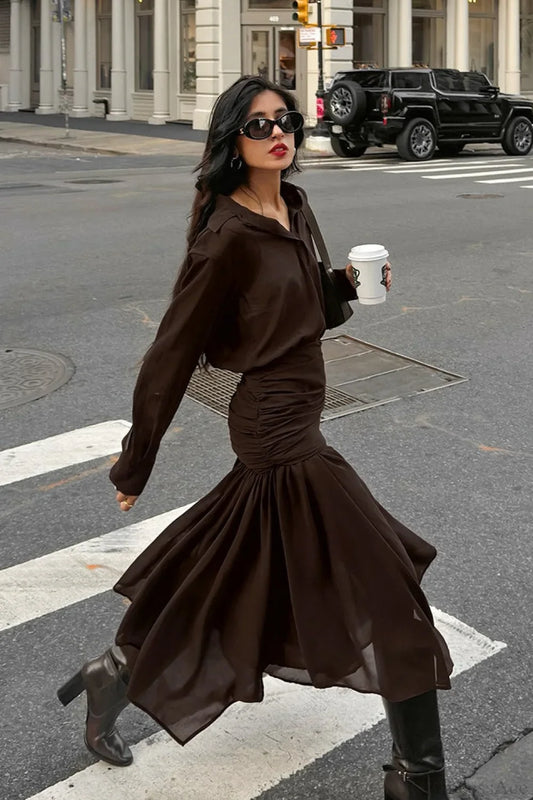 Moody Brown Chiffon Long Sleeve Asymmetrical Two Piece Set