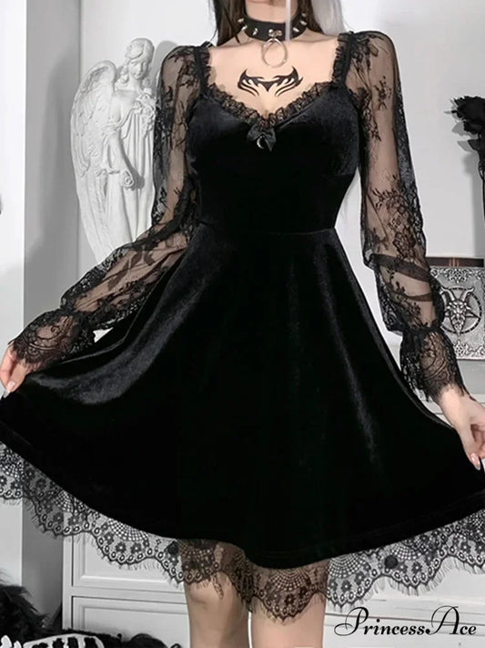 Moon Sexy Black Grunge Dark V Neck Aesthetic Vintage Mini Long Sleeve Autumn Dress Black / S