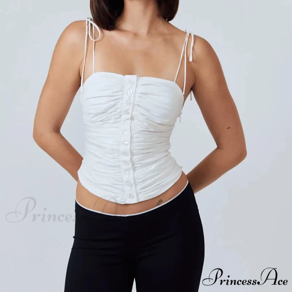Most Adorable Open-Back Summer Ivory Tank Retro Buttons Gathered Tie-Up 2000s Crop Top croptop-250126