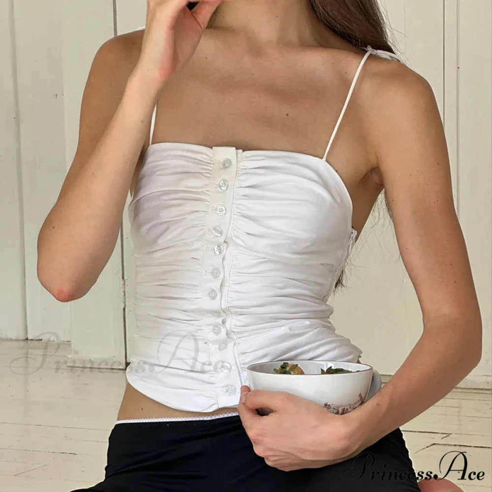Most Adorable Open-Back Summer Ivory Tank Retro Buttons Gathered Tie-Up 2000s Crop Top WHITE / S croptop-250126