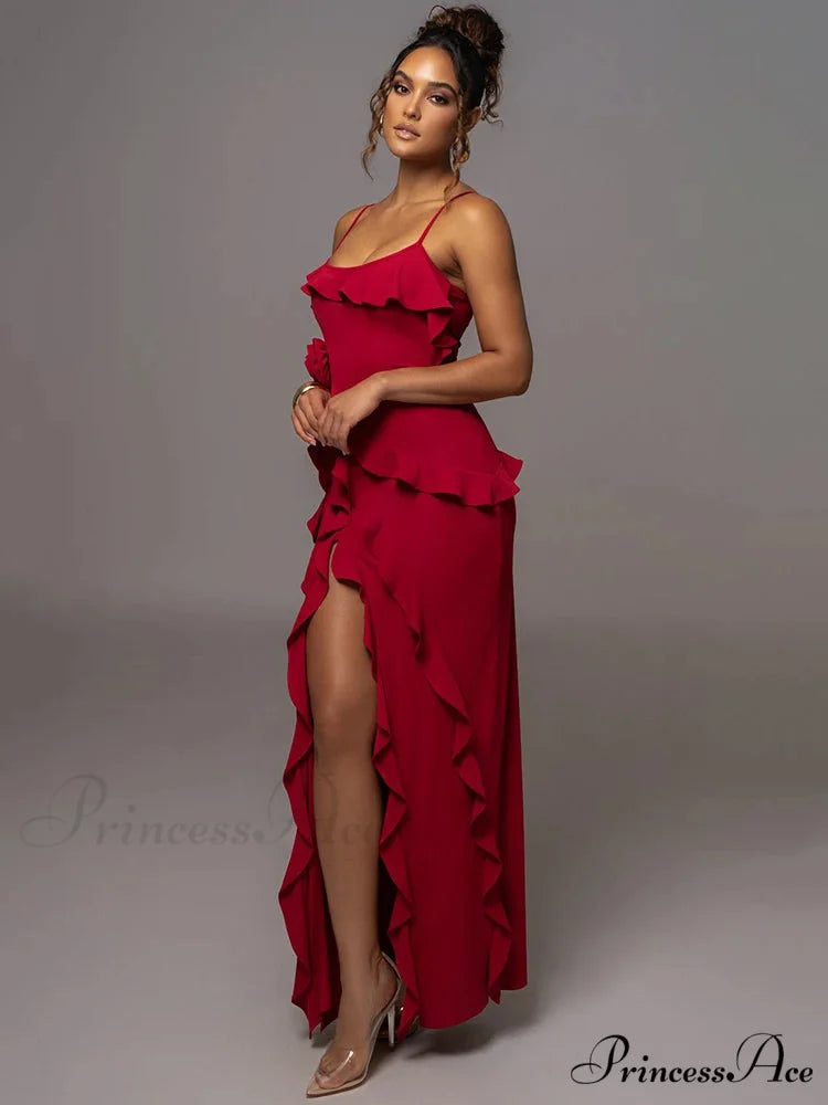 Mozision Elegant Ruffle Sexy Maxi Dress Women Spaghetti Strap Flower Christmas Party Dress