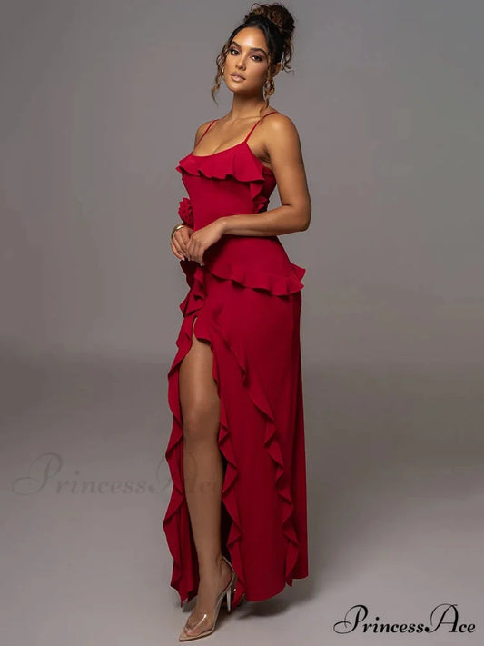 Mozision Elegant Ruffle Sexy Maxi Dress Women Spaghetti Strap Flower Christmas Party Dress