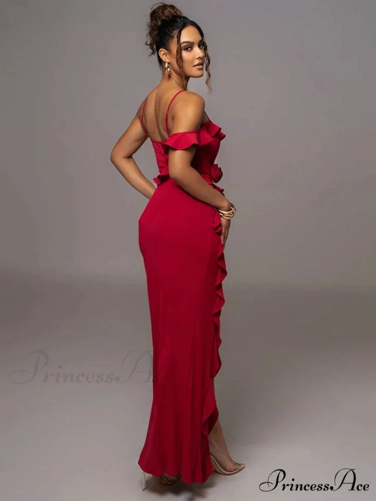 Mozision Elegant Ruffle Sexy Maxi Dress Women Spaghetti Strap Flower Christmas Party Dress