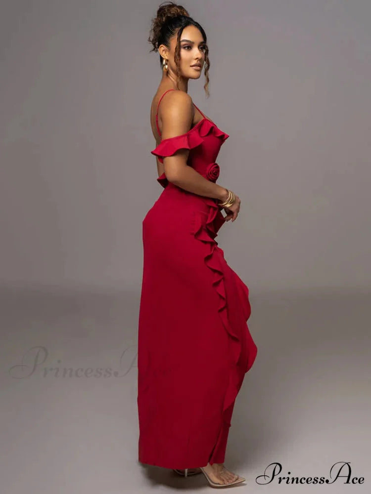 Mozision Elegant Ruffle Sexy Maxi Dress Women Spaghetti Strap Flower Christmas Party Dress