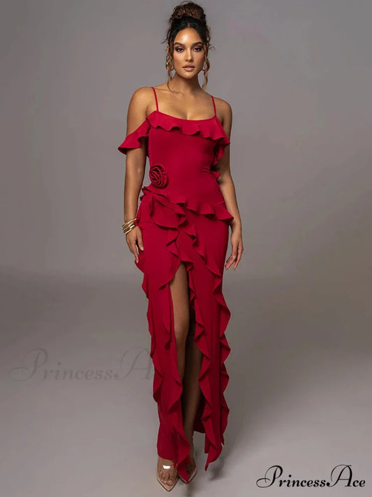 Mozision Elegant Ruffle Sexy Maxi Dress Women Spaghetti Strap Flower Christmas Party Dress Red / S