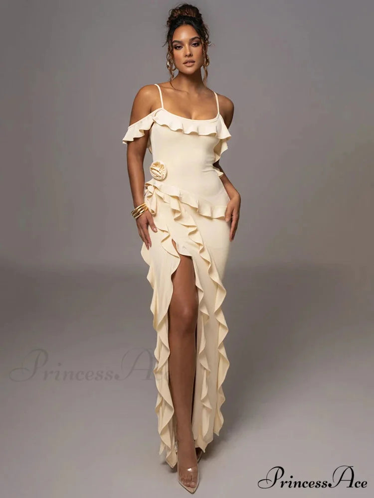 Mozision Elegant Ruffle Sexy Maxi Dress Women Spaghetti Strap Flower Christmas Party Dress Yellow / S