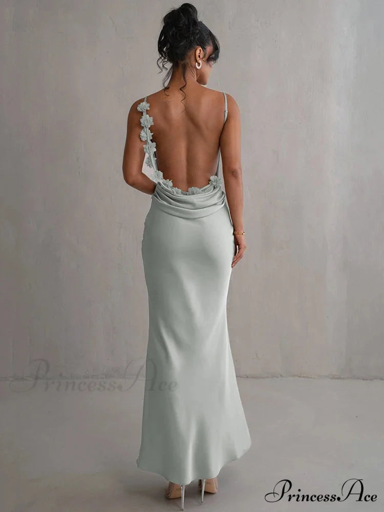 Mozision Floral Draped Backless Maxi Long Dress For Women Fashion Christmas Party Dress Light Green / S