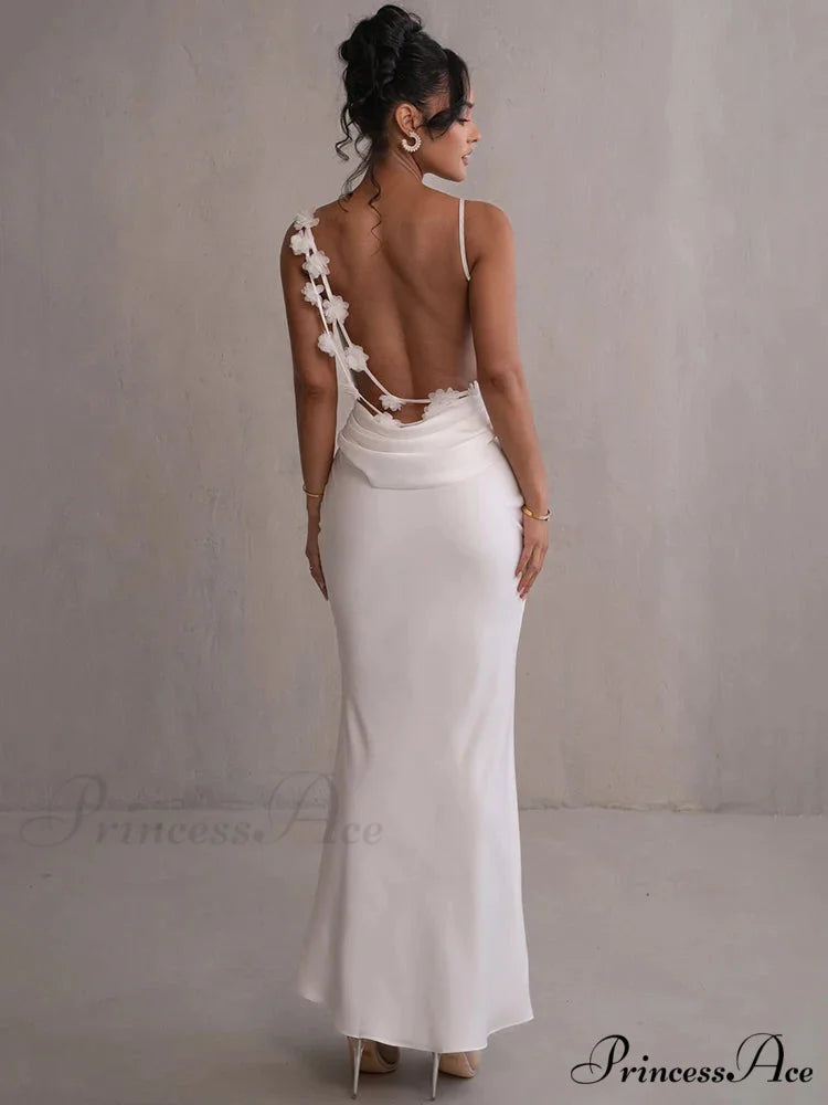 Mozision Floral Draped Backless Maxi Long Dress For Women Fashion Christmas Party Dress White / S