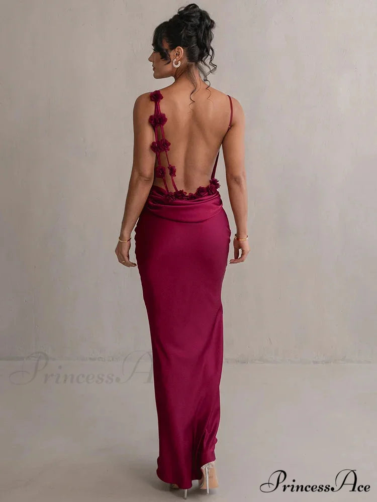 Mozision Floral Draped Backless Maxi Long Dress For Women Fashion Christmas Party Dress Wine Red / S