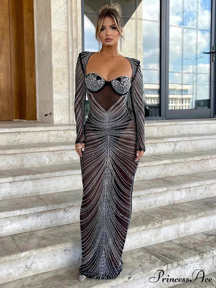 Mozision Glitter Mesh See Through Party Maxi Dress For Women Christmas Party Dress