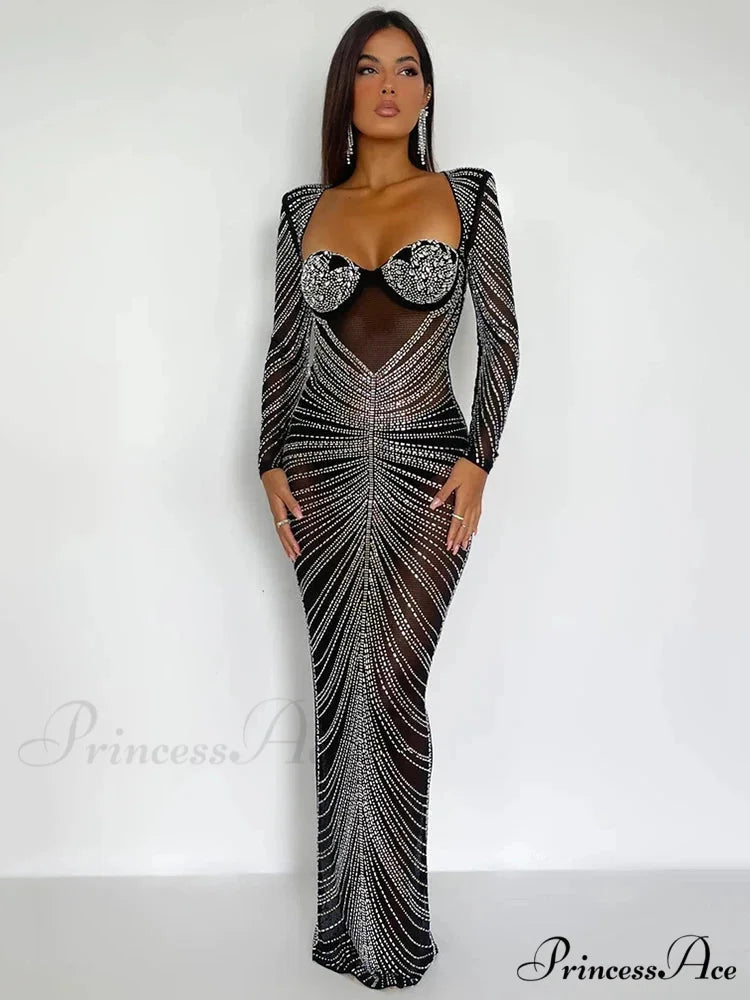 Mozision Glitter Mesh See Through Party Maxi Dress For Women Christmas Party Dress