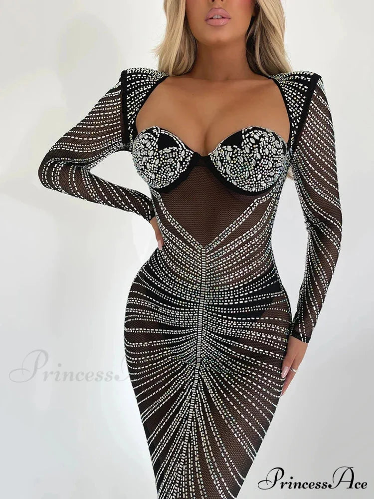 Mozision Glitter Mesh See Through Party Maxi Dress For Women Christmas Party Dress