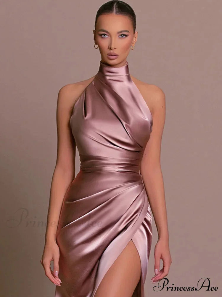 Mozision Halter Sleeveless High Split Maxi Dress For Women Fashion Christmas Party Dress