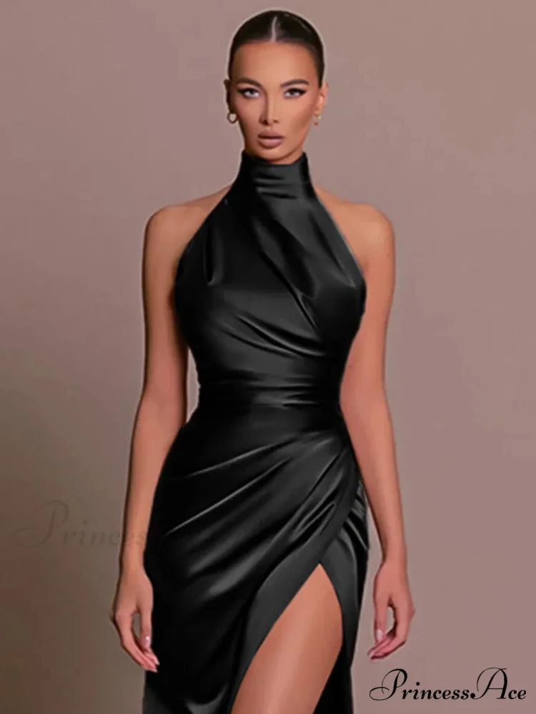 Mozision Halter Sleeveless High Split Maxi Dress For Women Fashion Christmas Party Dress Black / S