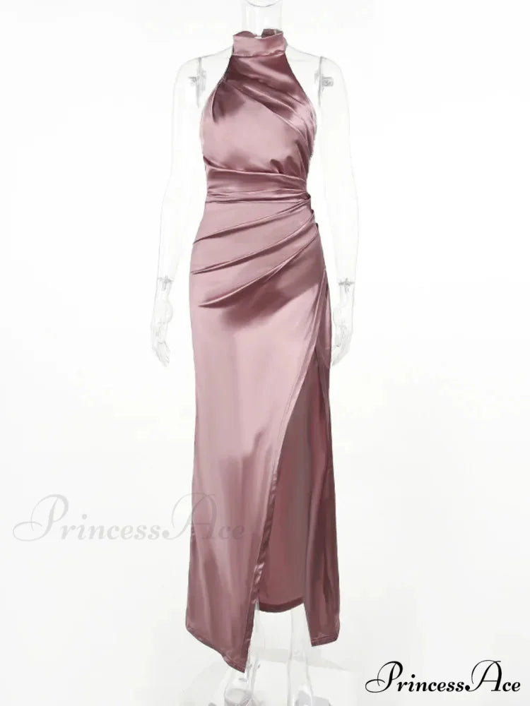 Mozision Halter Sleeveless High Split Maxi Dress For Women Fashion Christmas Party Dress Pink / S