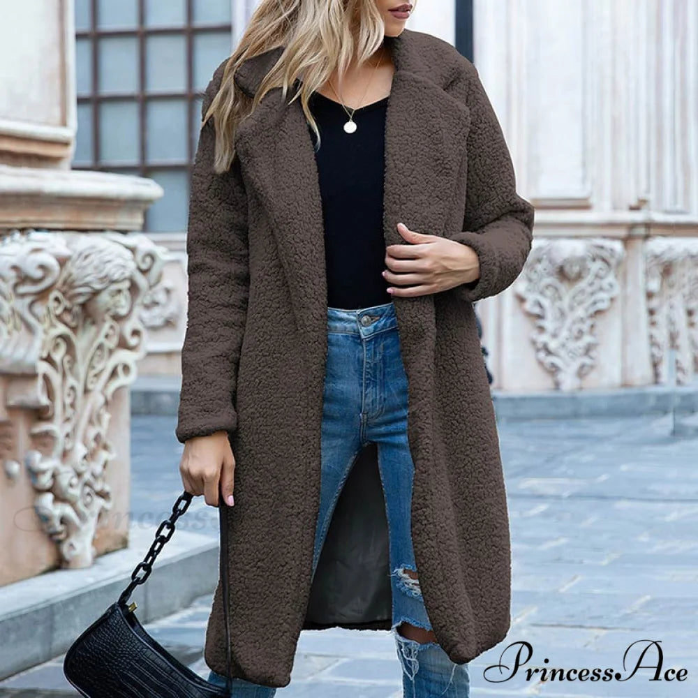 Multi-color Faux Fur Long Coat coffee / S