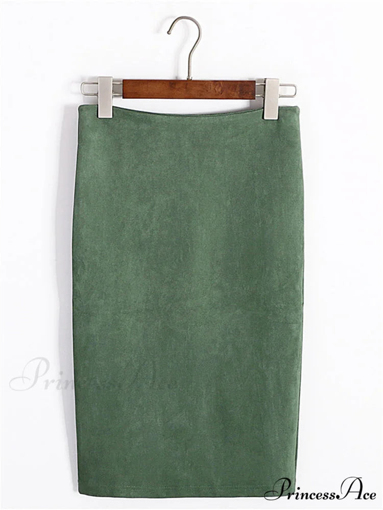 Multi Colors Korean Fashion Suede Midi Skirts Army Green / S