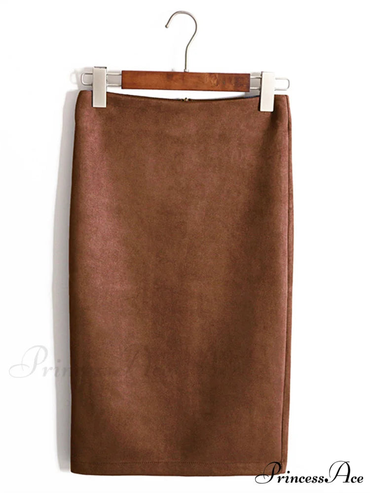 Multi Colors Korean Fashion Suede Midi Skirts Auburn / S