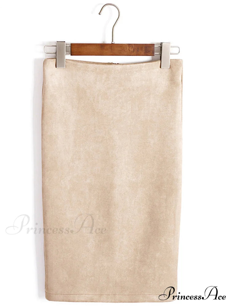 Multi Colors Korean Fashion Suede Midi Skirts Beige / S