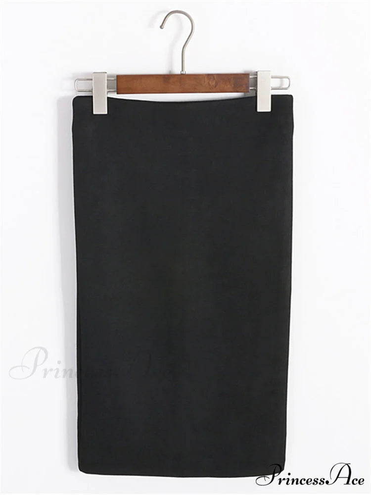 Multi Colors Korean Fashion Suede Midi Skirts Black / S