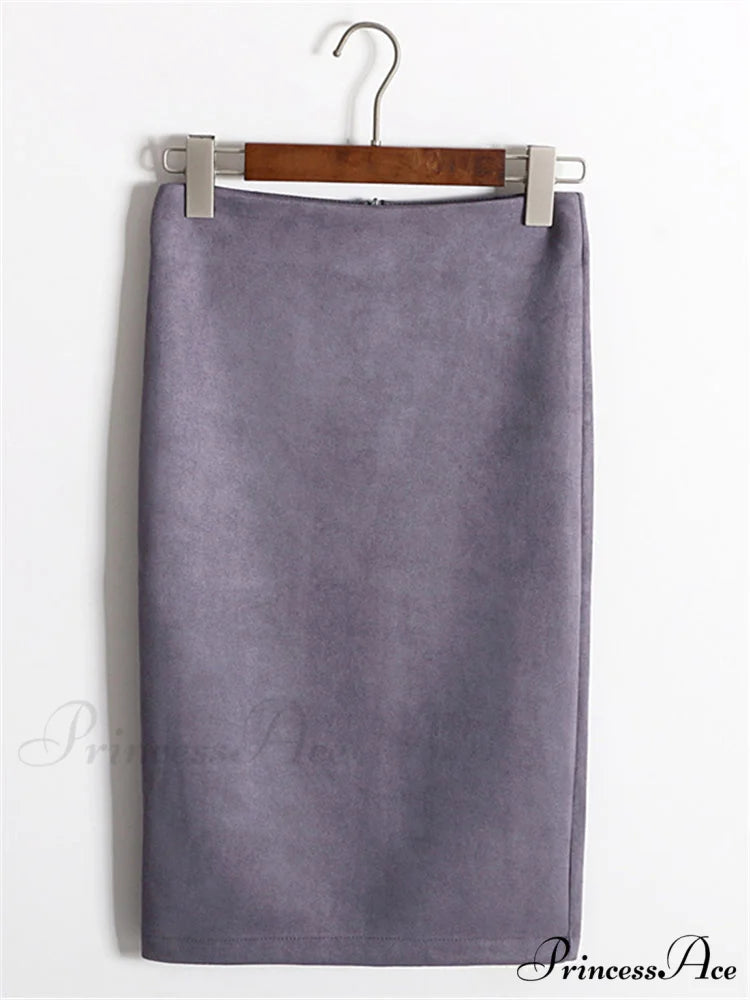 Multi Colors Korean Fashion Suede Midi Skirts Gray / S