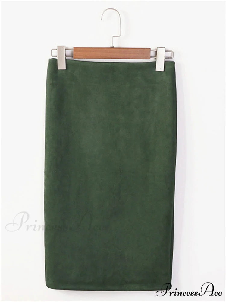 Multi Colors Korean Fashion Suede Midi Skirts Green / S
