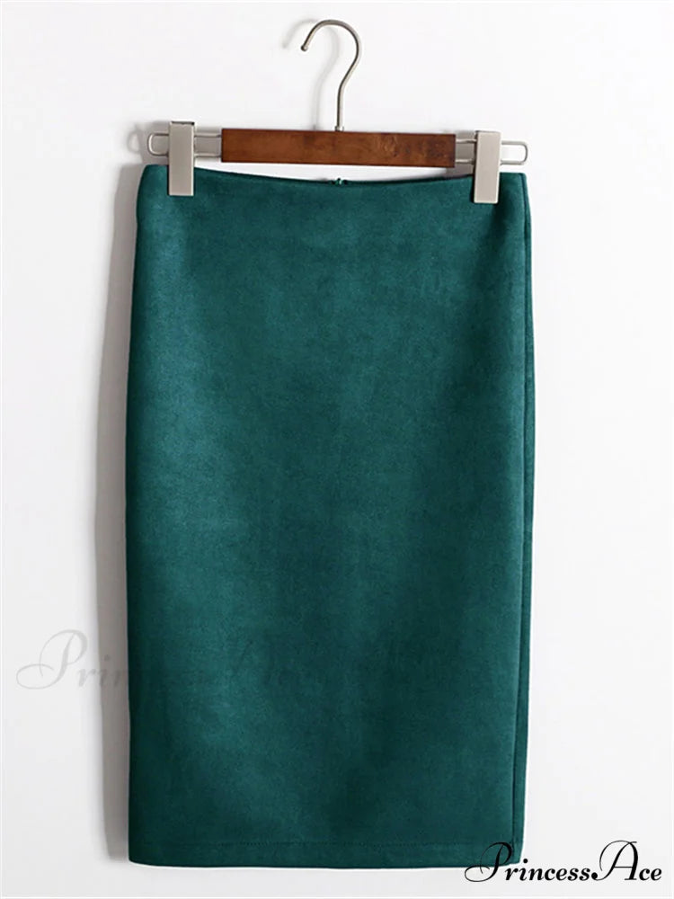 Multi Colors Korean Fashion Suede Midi Skirts peacock green / S