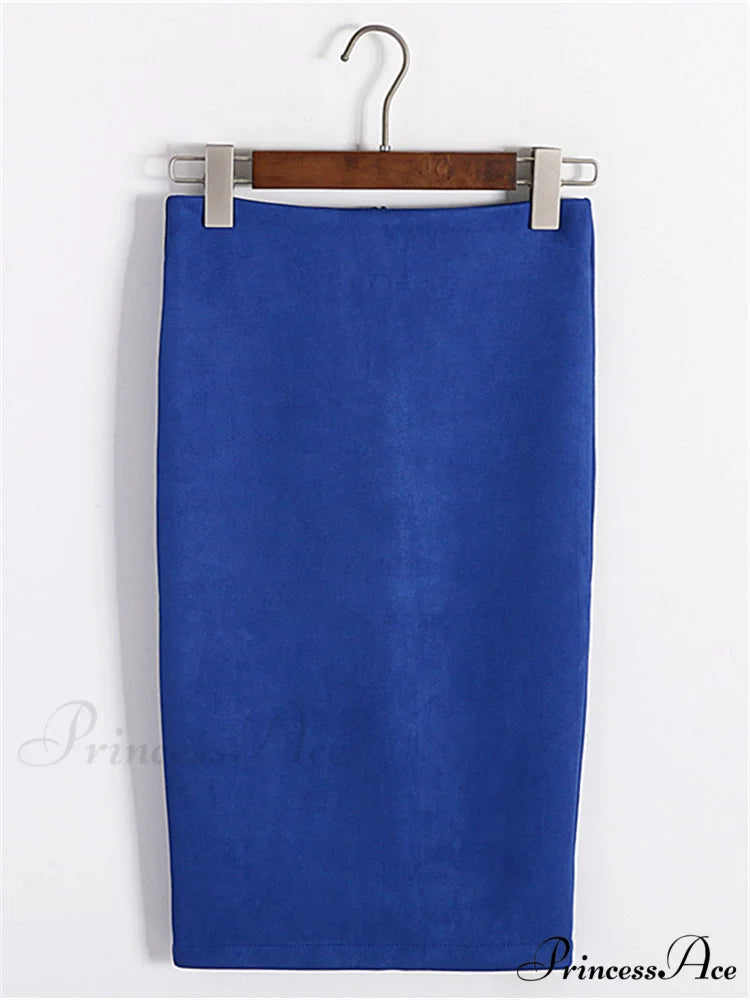 Multi Colors Korean Fashion Suede Midi Skirts Royal Blue / S