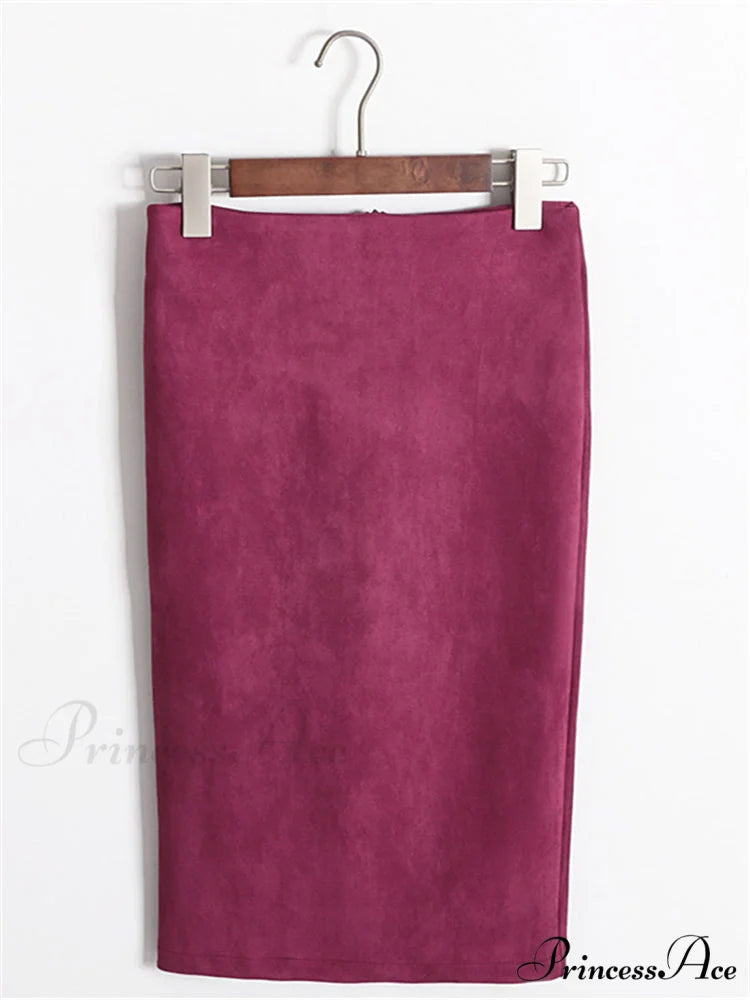 Multi Colors Korean Fashion Suede Midi Skirts wine red / S