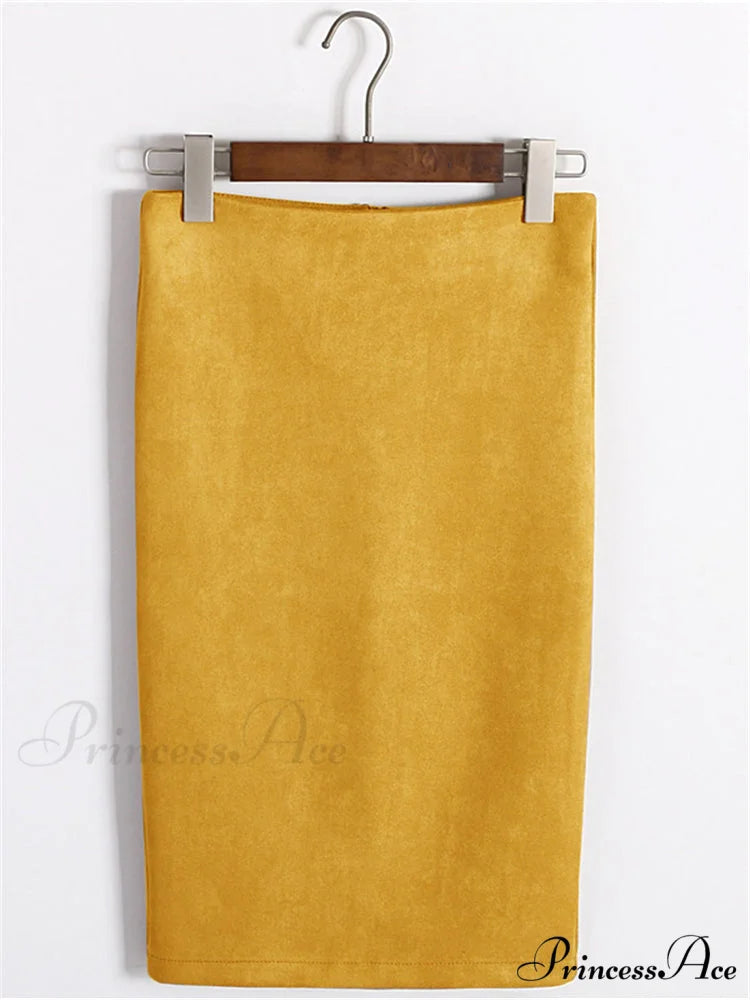 Multi Colors Korean Fashion Suede Midi Skirts Yellow / S