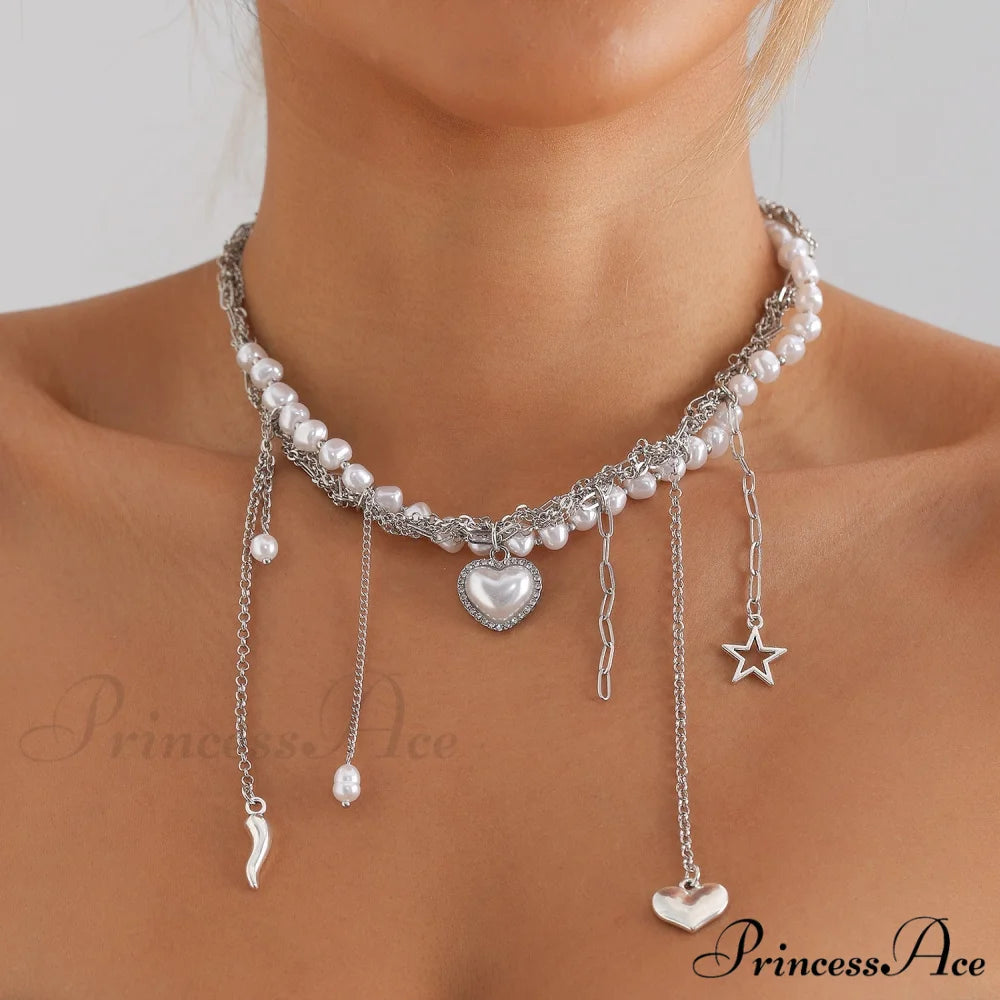 Multi-layer Heart Tassel Pearl Star Pendant Necklace STEEL