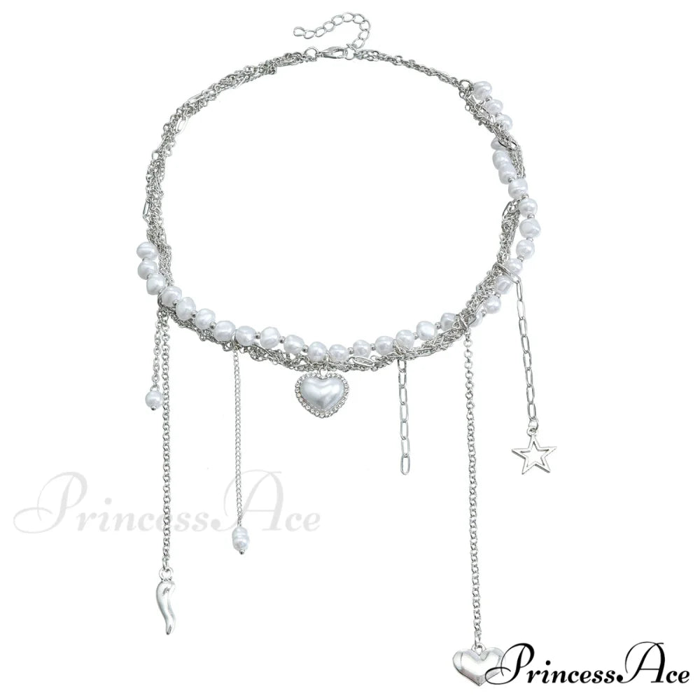 Multi-layer Heart Tassel Pearl Star Pendant Necklace STEEL