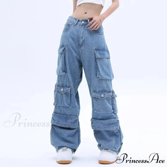 Multi-Pocket Washed Cargo New Heavy Industry Y2K Vintage Streetwear Loose Oversized Straight-Leg Jean Blue / S