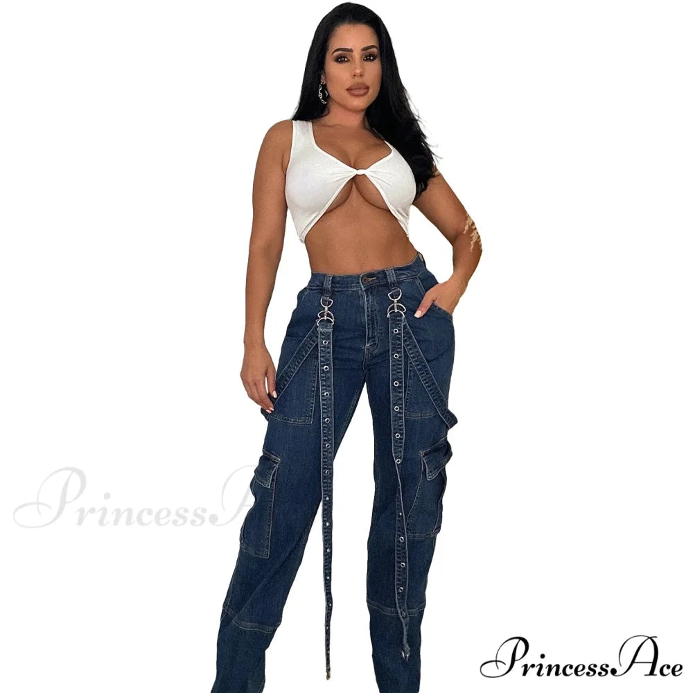 Multi Pockets Loose Straps Fashion High Waist Casual Cargo Autumn Winter Streetwear Denim Jean