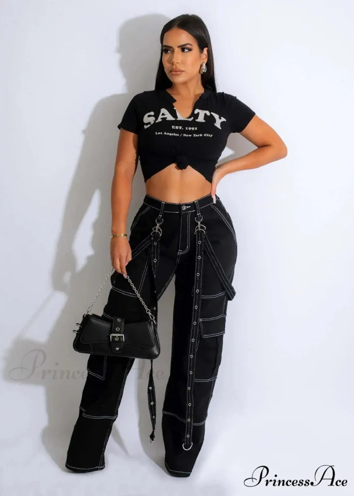 Multi Pockets Loose Straps Fashion High Waist Casual Cargo Autumn Winter Streetwear Denim Jean Black / S