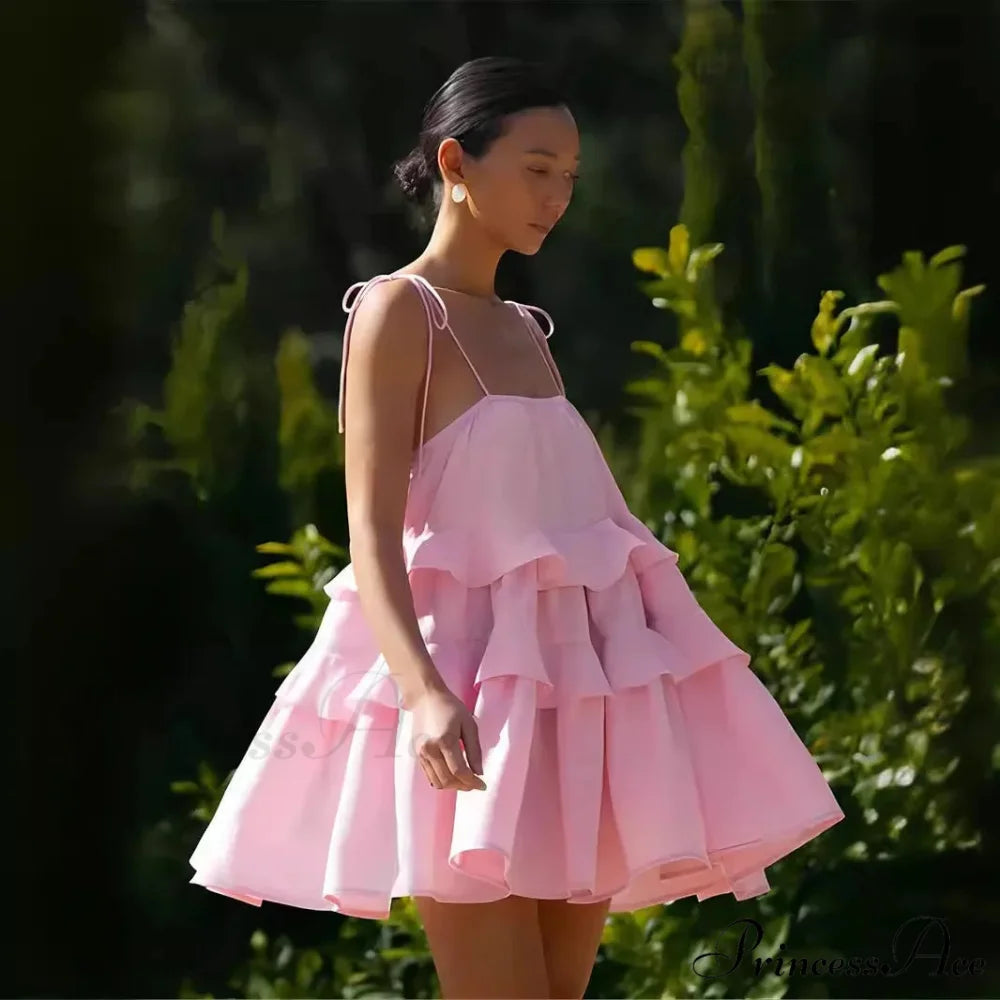 Multi-Tiered Ruffles Stylish Strappy Mini Dress Pink / M