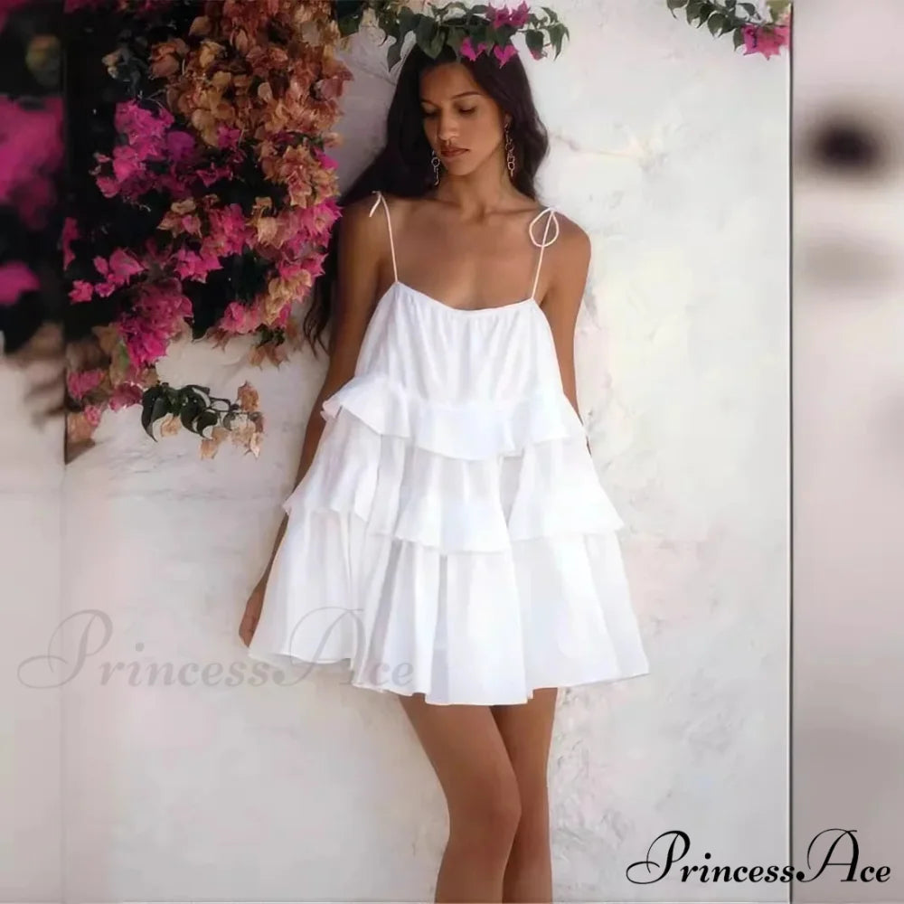 Multi-Tiered Ruffles Stylish Strappy Mini Dress White / M
