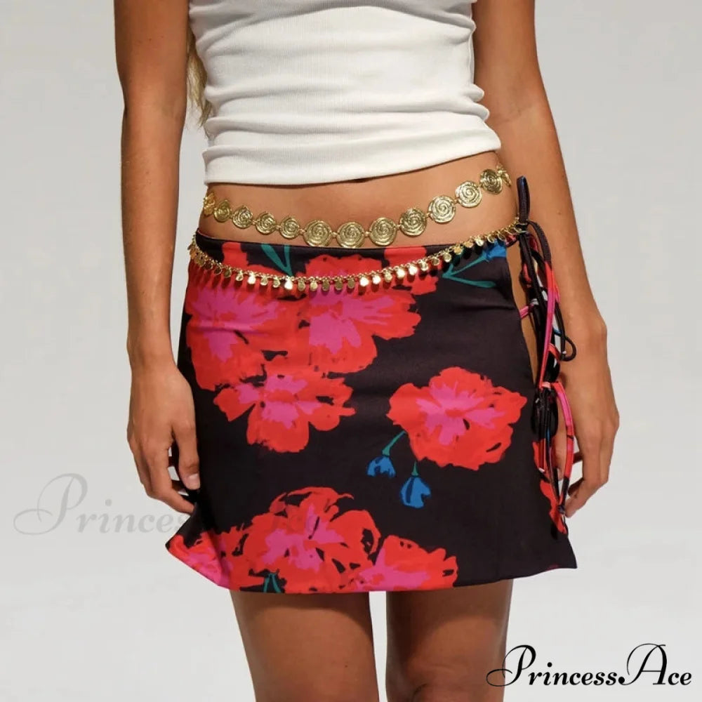 Multi-wear design Flower Pattern Mini Skirt Crop Tops Women Slim Low Waist Side Split Tie-Up Bodycon Skirt Y2K Vintage
