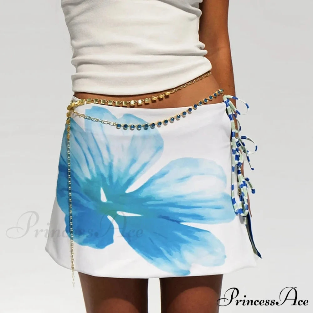 Multi-wear design Flower Pattern Mini Skirt Crop Tops Women Slim Low Waist Side Split Tie-Up Bodycon Skirt Y2K Vintage