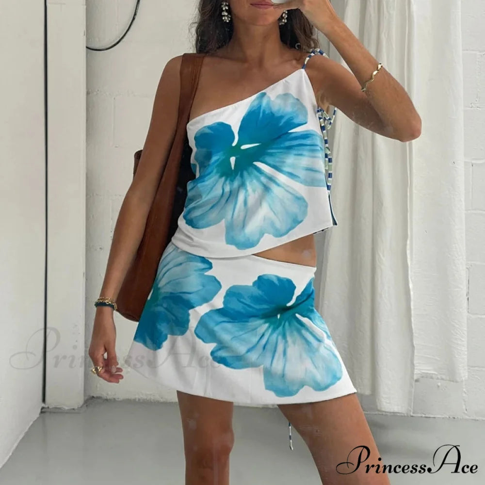 Multi-wear design Flower Pattern Mini Skirt Crop Tops Women Slim Low Waist Side Split Tie-Up Bodycon Skirt Y2K Vintage