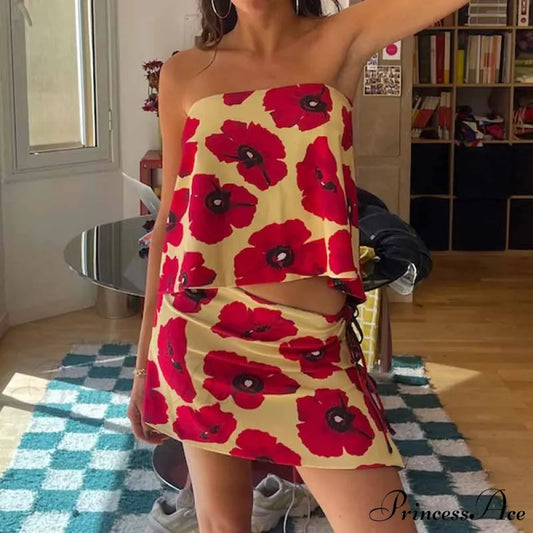 Multi-wear design Flower Pattern Mini Skirt Crop Tops Women Slim Low Waist Side Split Tie-Up Bodycon Skirt Y2K Vintage
