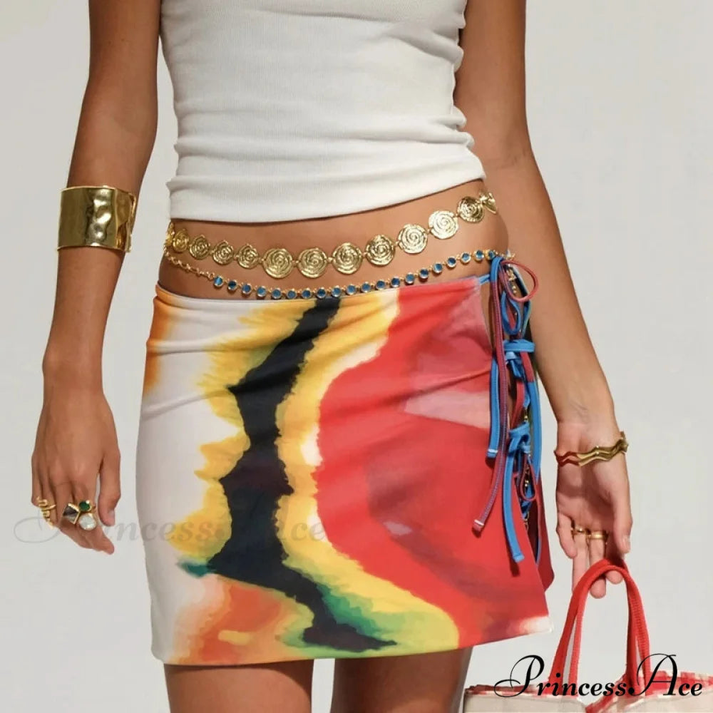 Multi-wear design Flower Pattern Mini Skirt Crop Tops Women Slim Low Waist Side Split Tie-Up Bodycon Skirt Y2K Vintage