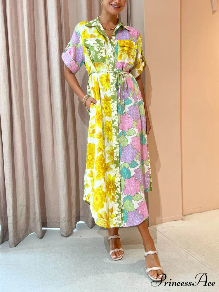 Multicolor Paneled Stylish Shirt-Style Midi Dress Multicolor / S