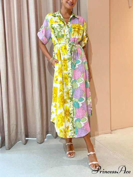 Multicolor Paneled Stylish Shirt-Style Midi Dress Multicolor / S